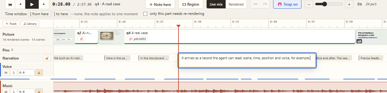 Storyboard: ein Satz wird direkt in der Sprechtext-Spur umgeschrieben